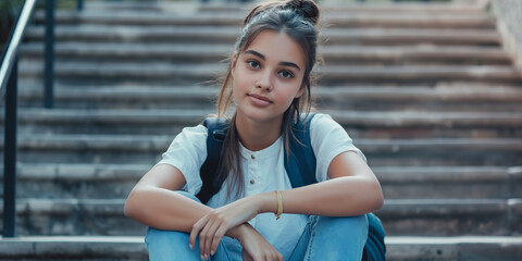 Poster - Young female student sitting on stairs at school