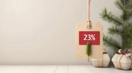 Christmas Sale Tag: A rustic wooden tag with a red 23% discount hangs on a string against a minimalist white wall background, with a pine branch and two wrapped gifts.