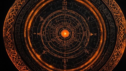 Wall Mural - top view of an ancient runic magic circle with orange background