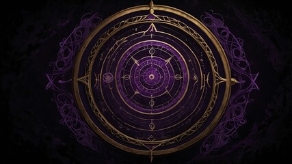 Wall Mural - top view of an ancient alchemy magic circle with purpl background