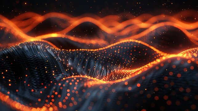 High-Resolution Abstract Design Featuring Black Background with Orange Wave Pattern on Mountain Landscape