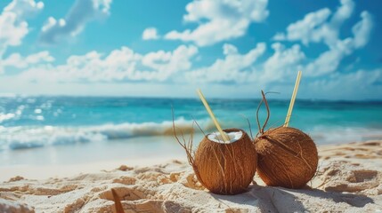 Wall Mural - Tropical beach relaxation with coconut cocktails summer vacation and seaside adventure