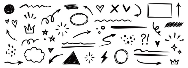 Poster - Line shape marker underline, arrow, heart brush element set. Hand drawn sketch marker underline shape, arrow, heart scribble brush pen stroke element. Crown, love graphic icon. Vector illustration