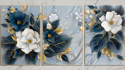 Wall Mural - A set of three 3D floral wall art panels with blue and white flowers and dark leaves 