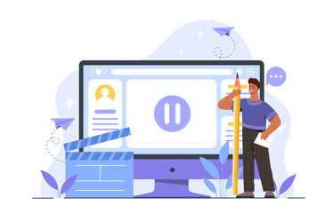 man with blogging. young guy with huge pencil near computer monitor. freelancer and copywriter comes