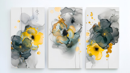 Sticker - A set of three abstract alcohol ink wall art panels with grey and yellow flowers on a white background 