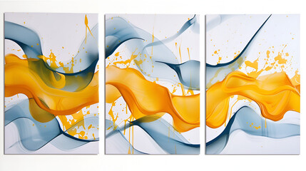 Canvas Print - A set of three abstract modern wall art panels with flowing yellow and blue designs 