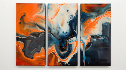 Poster - 
A set of three abstract wall art panels with cosmic fluid design in orange and blue 