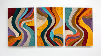 Sticker - A set of three mid-century modern wall art panels with colorful geometric wavy designs