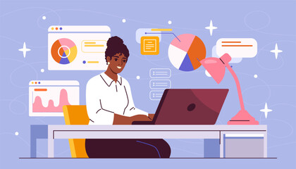 Poster - businesswoman with laptop. young girl sits at table near graphs and diagrams. businessman or manager