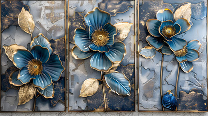 Poster - Set of three 3D floral wall art panels with blue and gold flowers on a textured background 