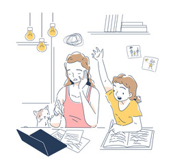 Poster - Busy stressed mother. Tired, sad woman helps girl with her homework. Housewife with emotional burnout. Negative feelings and emotions, stress. Linear vector illustration isolated on white background