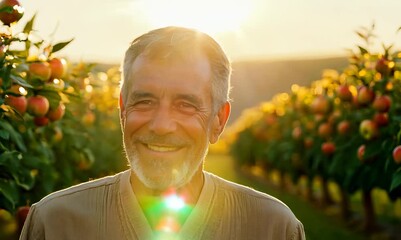 Wall Mural - Medium shot portrait video of a satisfied man in his 50s that is wearing a simple tunic against a sunlit apple orchard with ripe apples on trees background