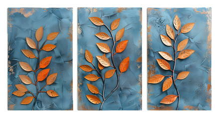 Wall Mural - Set of three abstract botanical wall art panels with orange leaves on a textured blue background