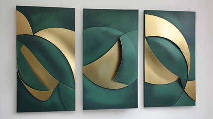 Wall Mural - Set of Three Abstract Wall Art Panels Featuring 3D Green and Gold Geometric Curved Shapes