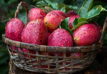 Poster - a basket of fruit with water drops on it.