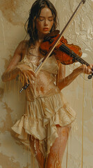 Wall Mural - Artistic portrait of a young woman playing the violin, with vibrant paint splashes on her body and background. Ideal for music album covers or social media design.