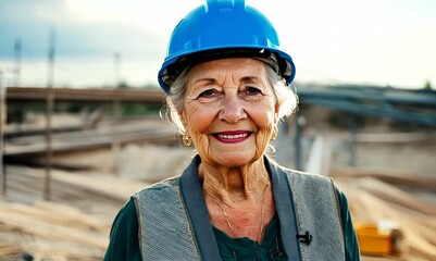 Wall Mural - Portrait of an elderly woman in a hardhat on construction site