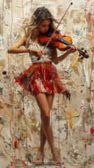 Wall Mural - Artistic portrait of a young woman playing the violin, with vibrant paint splashes on her body and background. Ideal for music album covers or social media design.