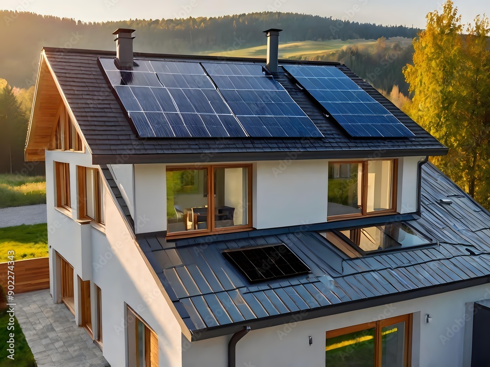 Close-up of a new suburban house with a photovoltaic system on the roof. Simple and modern environmentally friendly house with solar panels on the gable roof, with sunlight during the day