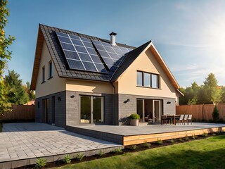 Close-up of a new suburban house with a photovoltaic system on the roof. Simple and modern environmentally friendly house with solar panels on the gable roof, with sunlight during the day