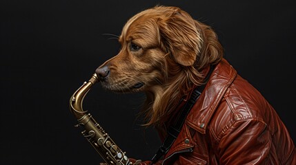 Poster - Dog dressed in a bright orange leather outfit styled like a heavy metal musician playing a saxophone with fashionable accessories ensuring ample empty space on the left side of the image Stock Photo