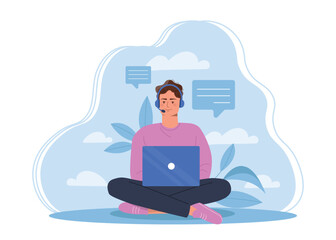 Poster - customer service man. man wearing headset sits with laptop and answers client questions. remote tech