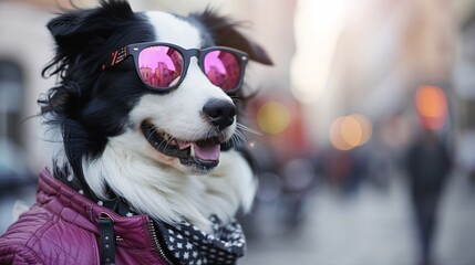 Aufkleber - Smiling dog wearing a bright purple leather jacket and stylish sunglasses jumping energetically ensuring ample empty space around the edges Stock Photo with copy space