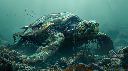 Poster - Detailed depiction of a sea turtle constructed from industrial runoff and metal scraps in a polluted underwater landscape leaving ample empty space on the left side of the image Stock Photo with copy