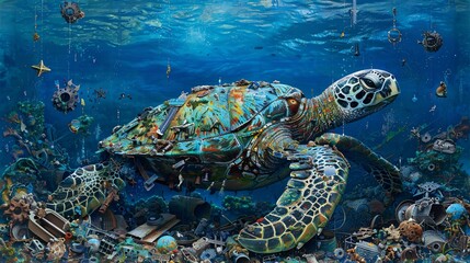 Poster - Detailed depiction of a sea turtle constructed from industrial runoff and metal scraps in a polluted underwater landscape leaving ample empty space on the left side of the image Stock Photo with copy