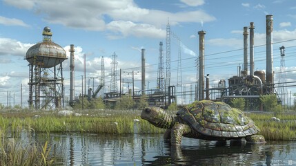 Poster - Detailed depiction of a sea turtle constructed from industrial runoff and metal scraps in a polluted underwater landscape leaving ample empty space on the left side of the image Stock Photo with copy