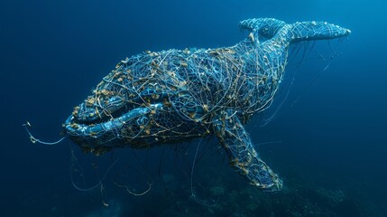 Poster - High-resolution shot of a whale with a body formed from tangled fishing nets and discarded tires swimming through a dark, polluted sea ensuring significant empty space around the edges Stock Photo