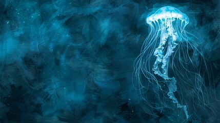 Poster - Surreal illustration of a jellyfish with tentacles made from rubber gloves and chemical waste in a haunting underwater environment leaving ample empty space on the left side of the image Stock Photo