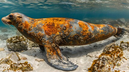 Poster - High-detail capture of a sea lion constructed from oil spills and rusted metal swimming near the ocean floor ensuring significant empty space around the edges Stock Photo with copy space