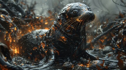 Poster - High-detail capture of a sea lion constructed from oil spills and rusted metal swimming near the ocean floor ensuring significant empty space around the edges Stock Photo with copy space