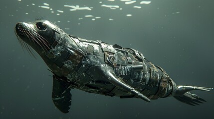 Poster - High-detail capture of a sea lion constructed from oil spills and rusted metal swimming near the ocean floor ensuring significant empty space around the edges Stock Photo with copy space