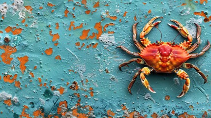 Poster - Eerie scene of a crab with claws made from broken glass and soda cans crawling on a polluted seabed with significant empty space on the right side of the image Stock Photo with copy space