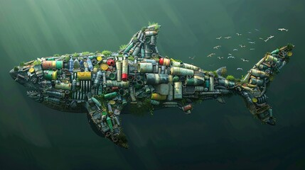 Poster - Detailed image of a shark composed of chemical barrels and plastic packaging in a dark, polluted ocean leaving ample empty space on the left side of the image Stock Photo with copy space
