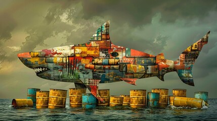 Poster - Detailed image of a shark composed of chemical barrels and plastic packaging in a dark, polluted ocean leaving ample empty space on the left side of the image Stock Photo with copy space