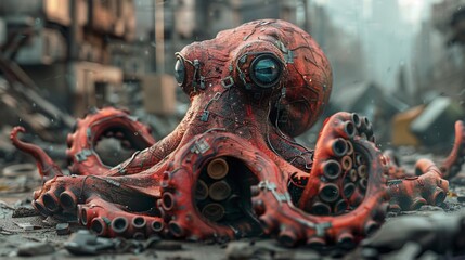 Aufkleber - High-resolution depiction of an octopus with tentacles formed from tangled wires and discarded electronics in a contaminated underwater scene ensuring significant empty space around the edges Stock
