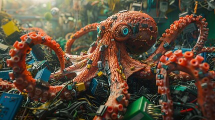 Aufkleber - High-resolution depiction of an octopus with tentacles formed from tangled wires and discarded electronics in a contaminated underwater scene ensuring significant empty space around the edges Stock