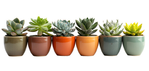 Wall Mural - A row of potted plants with different colors and sizes. The plants are arranged in a row, with some taller and some shorter. The variety of colors and sizes creates a sense of diversity and harmony