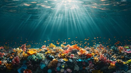 Poster - Detailed depiction of a coral reef constructed from bottle caps and plastic utensils in a haunting underwater environment leaving ample empty space on the left side of the image Stock Photo with copy