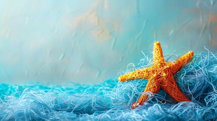 Aufkleber - Dreamlike image of a starfish composed of plastic rings and fishing line resting on a polluted ocean floor with significant empty space on the right side of the image Stock Photo with copy space