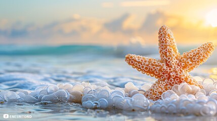 Aufkleber - Dreamlike image of a starfish composed of plastic rings and fishing line resting on a polluted ocean floor with significant empty space on the right side of the image Stock Photo with copy space
