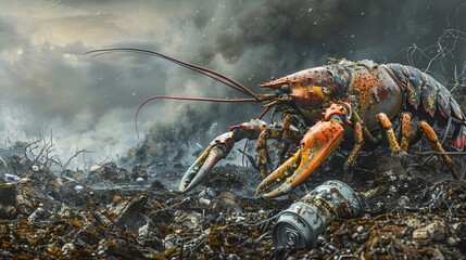 Aufkleber - Surreal illustration of a lobster with claws made from metal cans and industrial waste in a contaminated underwater scene leaving ample empty space on the left side of the image Stock Photo with copy