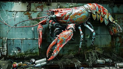 Aufkleber - Surreal illustration of a lobster with claws made from metal cans and industrial waste in a contaminated underwater scene leaving ample empty space on the left side of the image Stock Photo with copy