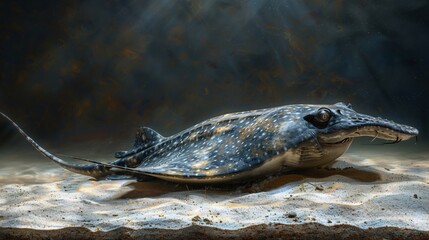 Aufkleber - Eerie scene of a stingray with a body formed from oil drums and chemical runoff swimming near the seabed with significant empty space on the right side of the image Stock Photo with copy space