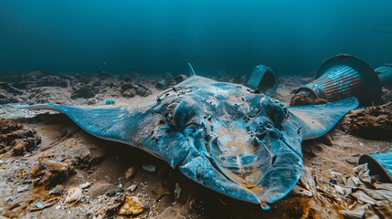 Eerie scene of a stingray with a body formed from oil drums and chemical runoff swimming near the seabed with significant empty space on the right side of the image Stock Photo with copy space