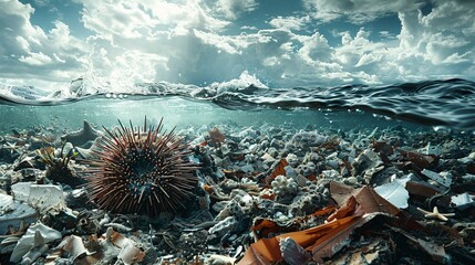 Poster - Detailed image of a sea urchin composed of broken glass and plastic shards in a haunting underwater landscape leaving ample empty space on the left side of the image Stock Photo with copy space